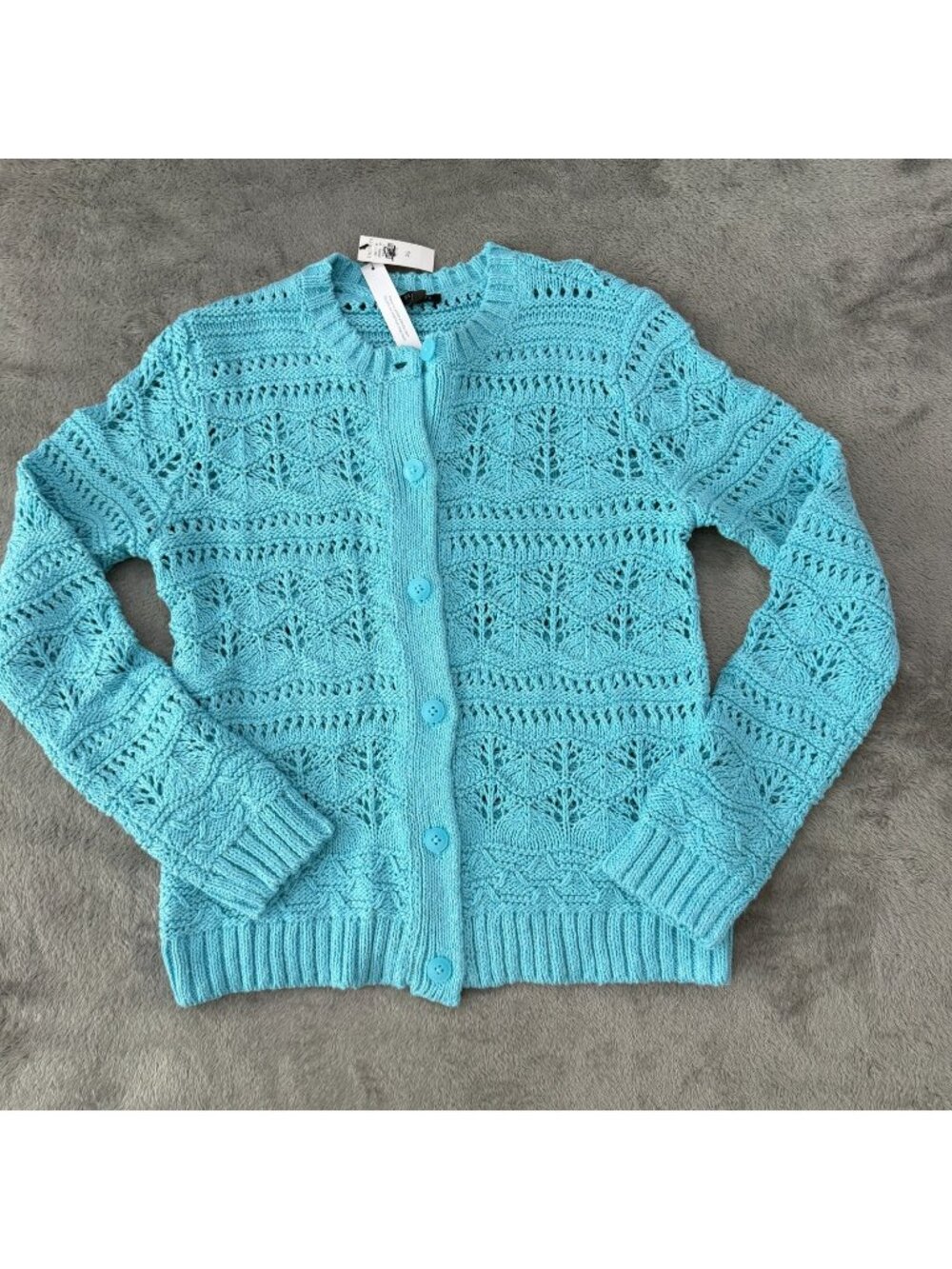 NWT Talbots Blue Crochet Sweater Cardigan Womens Petite Small PS 100% Cotton